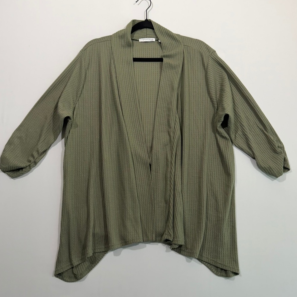 Notations Cardigan Womens 2X Green Waffle Knit Open Front Cottagecore Cozy